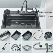  Stainless Steel Waterfall Kitchen Sink Large Single Slot Integrated Digital Dis