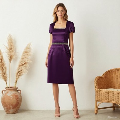Evening Glam Knee Length Dress Purple Satin Pencil Square Neck Zip Pockets US 6