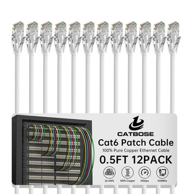 0.5 Foot Cat6 Patch Cables(12 Pack), Solid Pure Copper 0.5FT, White 