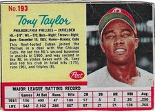 1962 POST - #193 TONY TAYLOR (PHILLIES)!! GREAT CARD!!