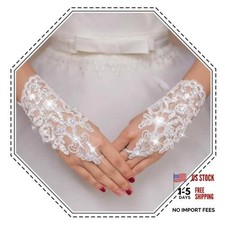Bride Wedding Short Lace Gloves White Fingerless Rhinestone Gloves Bridal