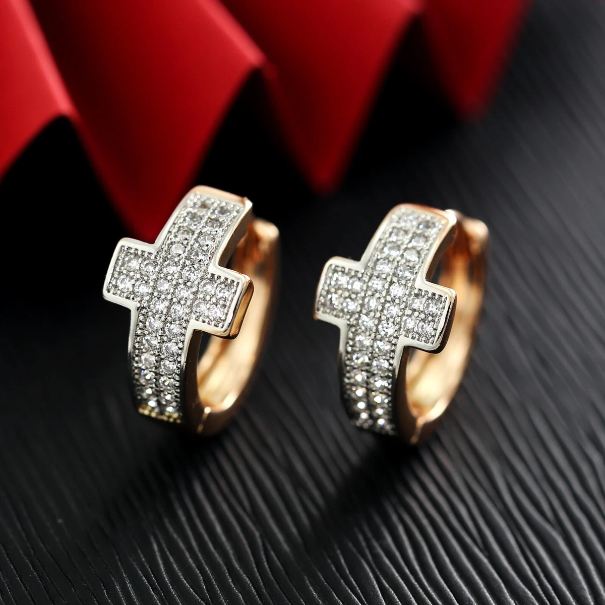 18K TWO TONE GOLD GF CROSS BAND MENS WOMENS SOLID CRYSTAL HOOP