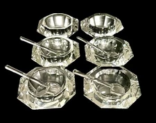 Set of 6 Vintage Crystal Octagonal Open Salt Cellars with 4 Spoons Victorian EUC