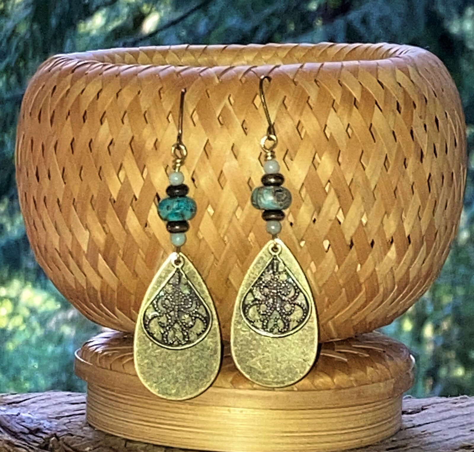 Blue Imperial Jasper, Aventurine, Bronze Teardrop Charm Dangle Artisan Earrings