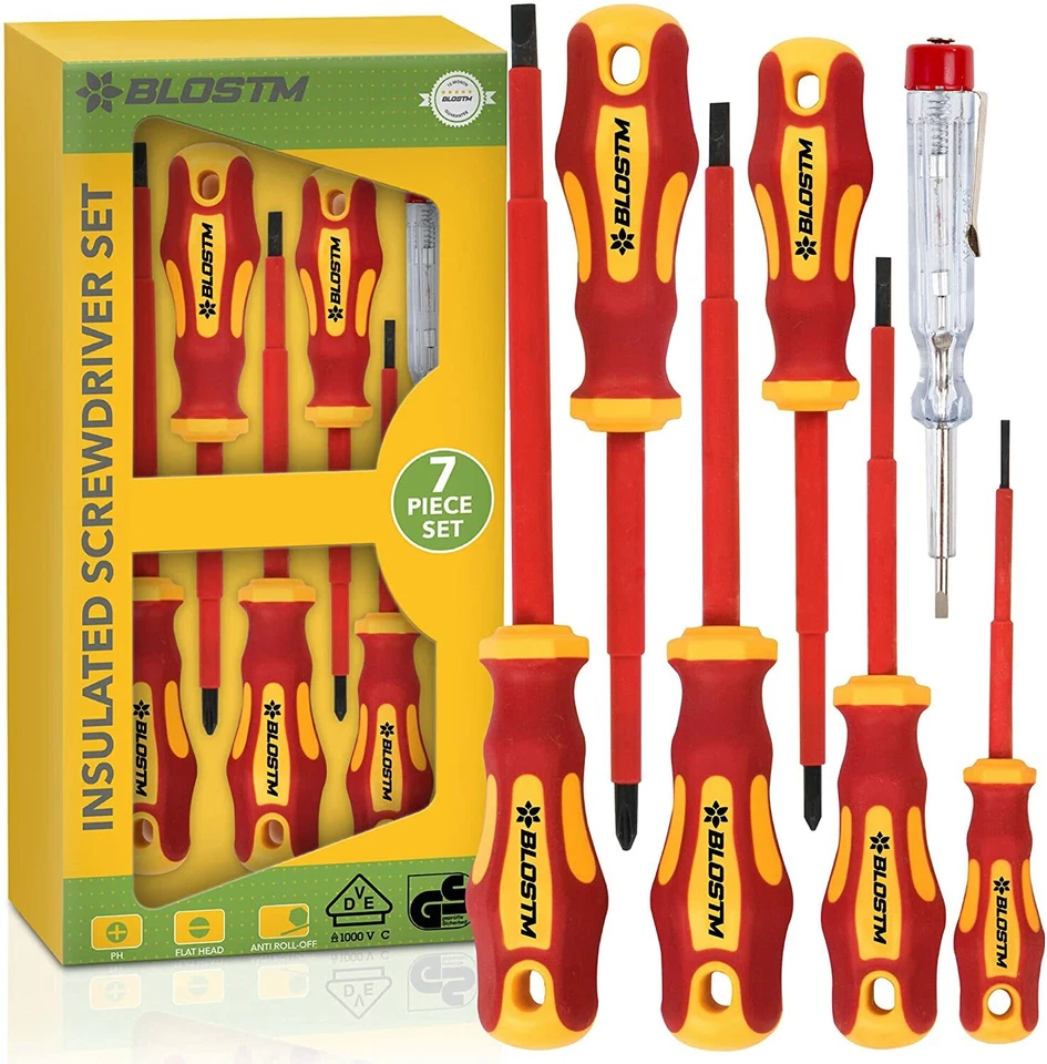 BLOSTM 7PC Hand Screwdriver Tool Set VDE Insulated Slotted & Pozi Magnetic