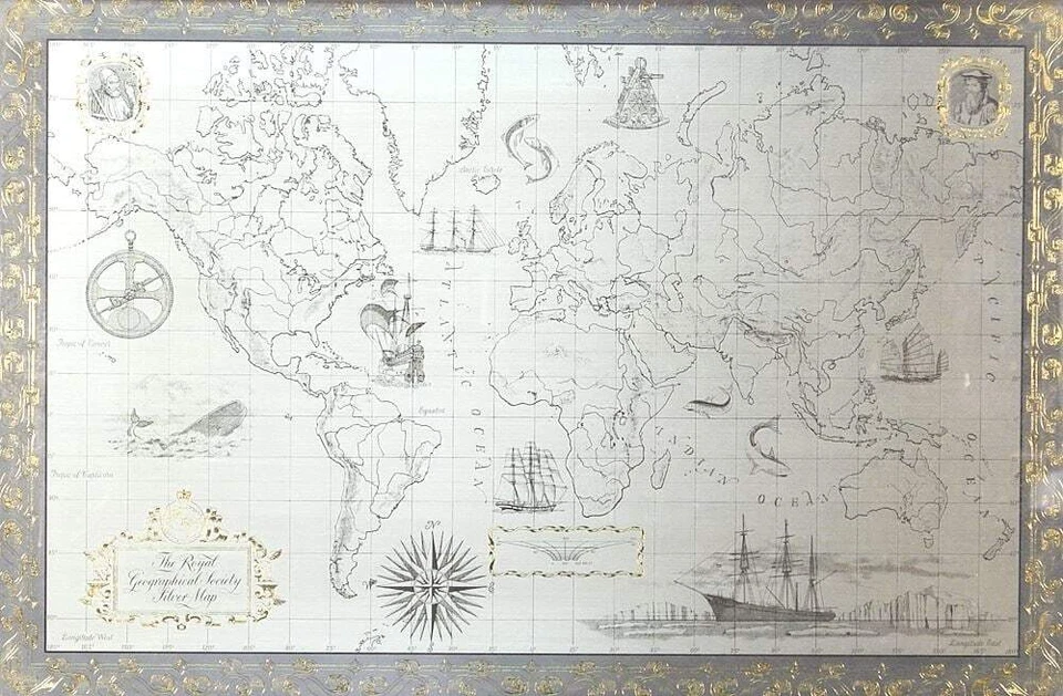 MAPA DE PLATA ESTERLINA THE ROYAL GEOGRAPHIC SOCIETY CON CERTIFICADO DE AUTENTICIDAD DE ORO DE 24 QUILATES 22"X14 1/2" Foto 2 de 4
