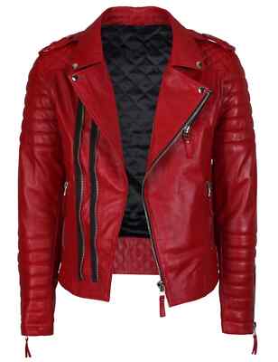 BOMBER BIKER Men's Red Leather Jacket Soft Lambskin Style Slim Fit Jacket