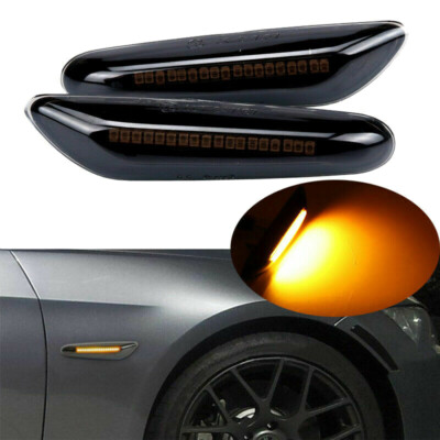 Pair Sequential Smoke Lens Amber LED Side Marker Lights Turn Signal Lamp For BMW