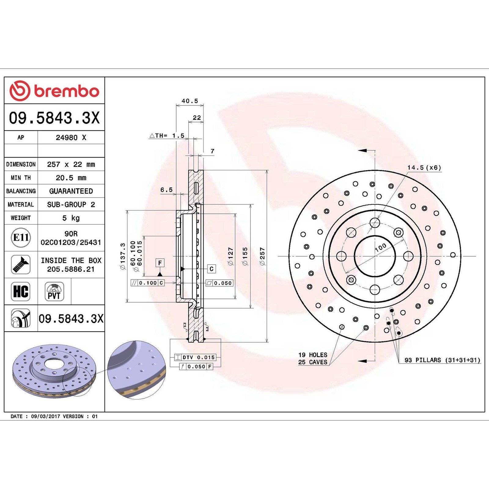 Coppia Dischi Ant Freno Brembo 09.5843.3x per Fiat Grande Punto 199 - Miniatura 5