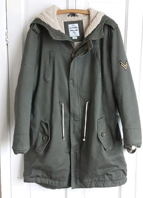 Lambretta Parka Mantel Herren Khaki Carnaby Sherpa Fleece Gefüttert Reißverschluss Fischschwanz Kapuze L 