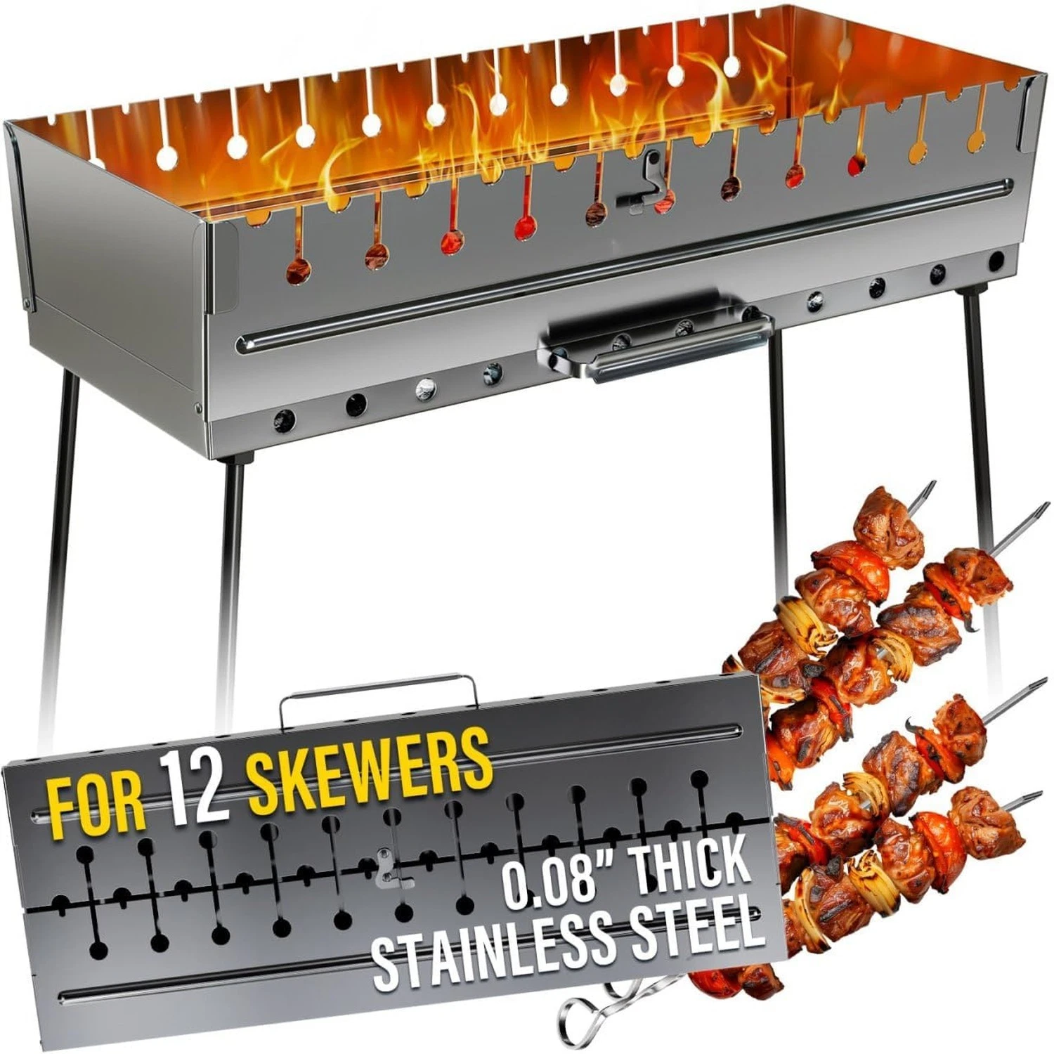 Stainless Steel Charcoal Grill for 12 Skewers – Portable BBQ 24.80"×9