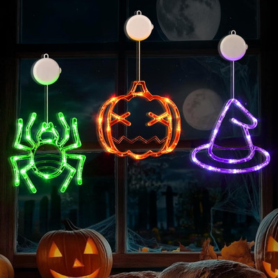 Halloween Decorations 3 Pack Orange Pumpkin Green Spider Purple Witch Hat Window