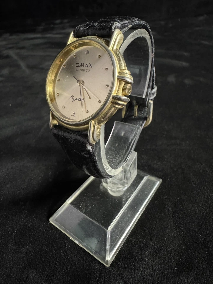 Vintage Omax Quartz Crystal Dress Watch 18K Gold Plated Japan 3ATM Black Strap - Image 3 of 4