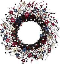 20 Inch Patriotic Wreath for Front Door, Red White Blue Berry Wreaths with Woode
