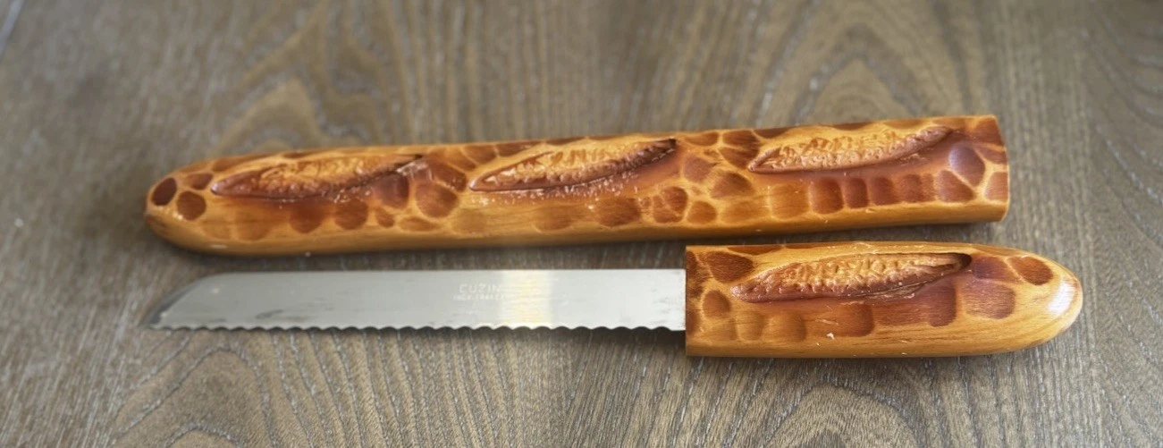 French Baguette Bread Knife 7” INOX Serrated Au Nain France w/ Sheath Vintage
