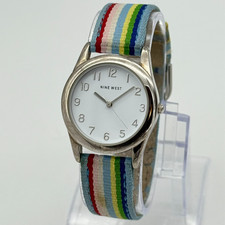 Women's NINE WEST 9W Silver Tone Watch, Colorful Fabric/Leather Band, 9W/1764