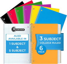 3 Subject College Ruled Notebooks, 6 Pack, 150 Sheets, Assorted Colors
