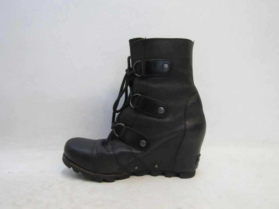 Sorel Womens Size 8 Black Leather Lace Up Wedge Ankle Fashion Boots Bootie - Image 2 of 4
