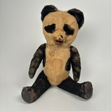 Rare Vintage Mechanical Panda Teddy Bear Plush 1950s Snap Mouth Glass Eyes Toy