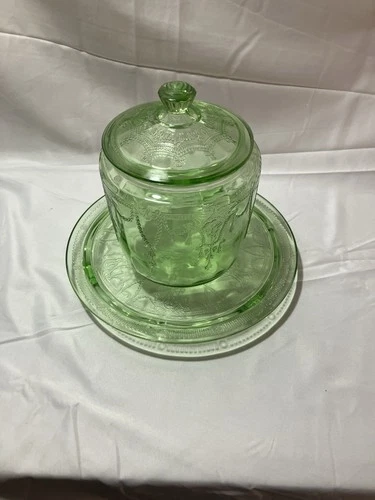 Vintage Federal Glass Cameo Cookie Jar w/ Lid & Matching  Tray Set Depression