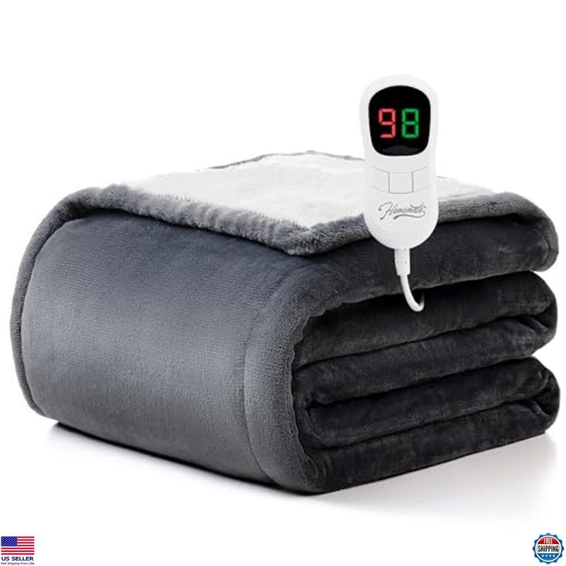 Electric Heated Blanket Throw 50"x60" - 10 Heat Levels, Auto-Off, Flannel Sherpa