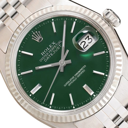 ROLEX MENS DATEJUST GREEN DIAL 18K WHITE GOLD STEEL WATCH w/ JUBILEE BRACELET