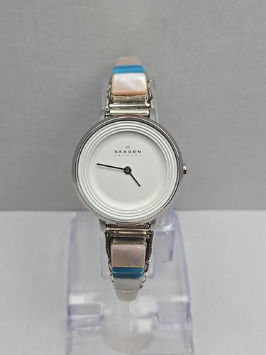 Womens Skagen Ditte Watch Sterling Silver Tips Turquoise MOP Inlay New Battery