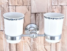 Silver Polished Chrome Brass Bathroom Toothbrush Holder Two Ceramic Cups 2ba796
