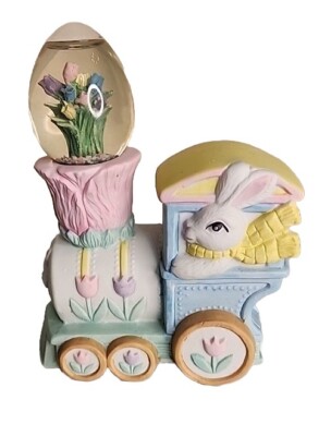 Easter Nursery-Porcelain Waterball Waterglobe-Bunny Rabbit Train Engine-Tulips