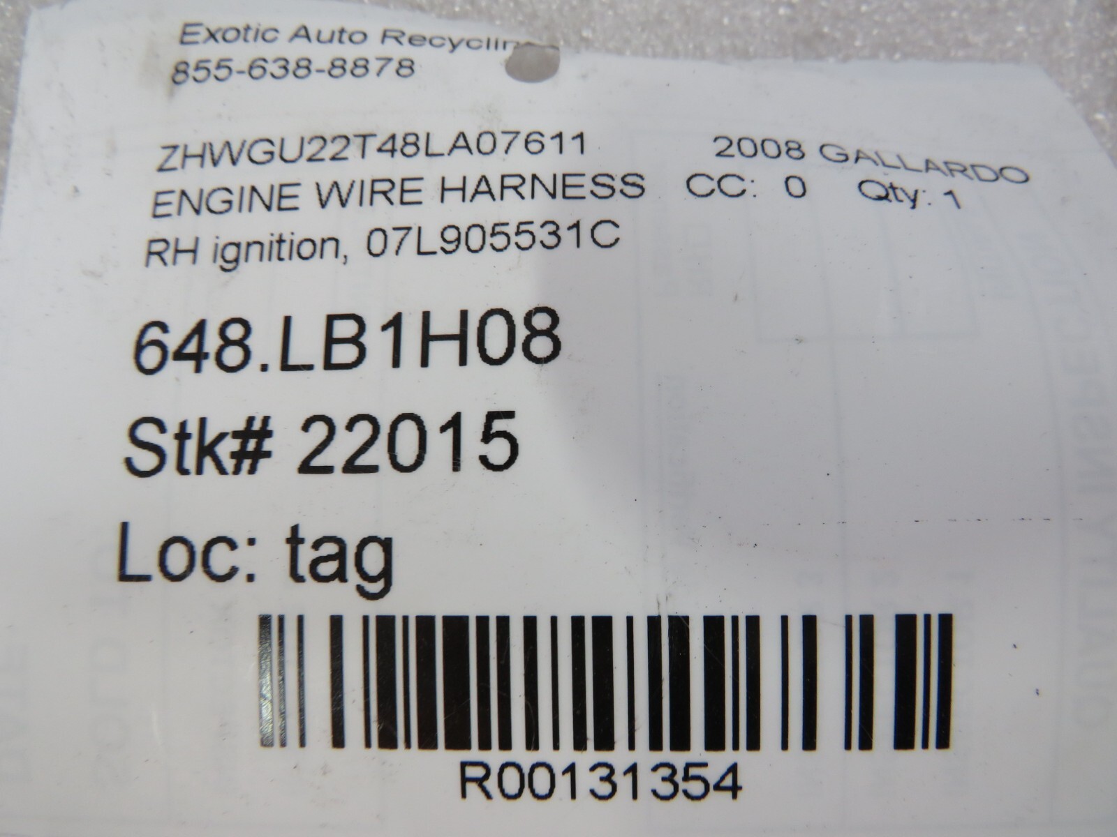 Lamborghini Gallardo, Spyder, RH, Ignition Wire Harness, Used, P/N 07L905531C