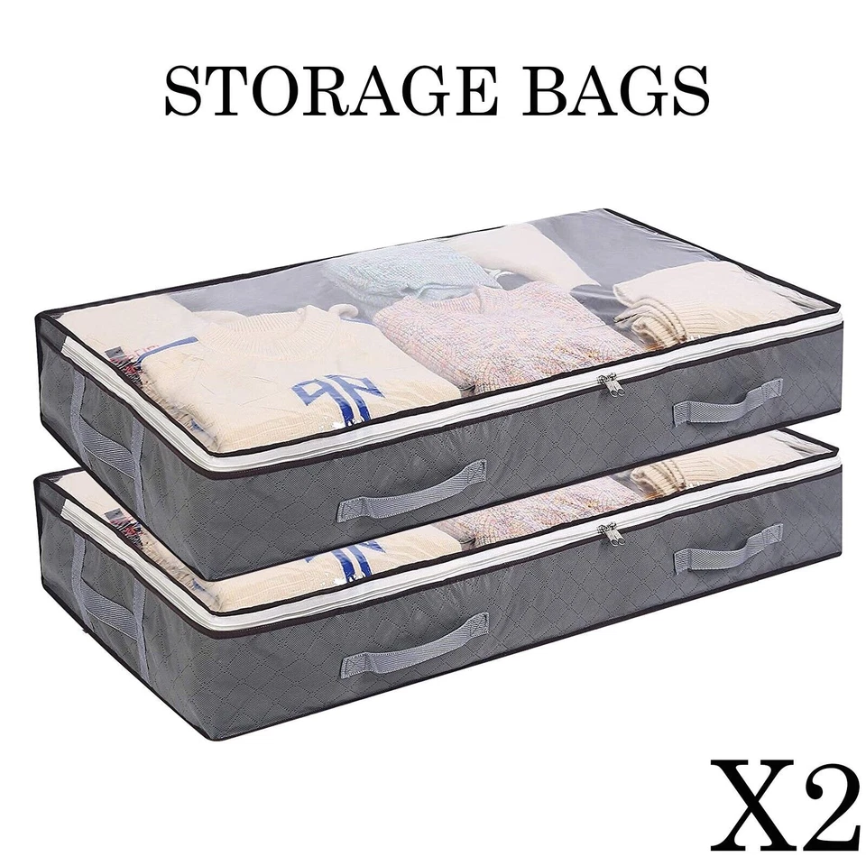 2x Large Underbed Storage Bag Shoes Clothes Zipped Organizer Fabric Storage Bags - Image 2 of 4