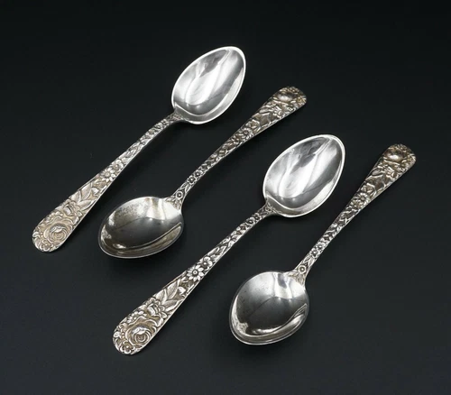1828 S. Kirk & Son Sterling Silver Set of Four Repousse Demitasse Spoon M1509