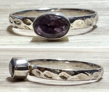 Vintage Sterling Silver Faceted Oval Amethyst Hammered Band Ring, Size 6.5, 1g