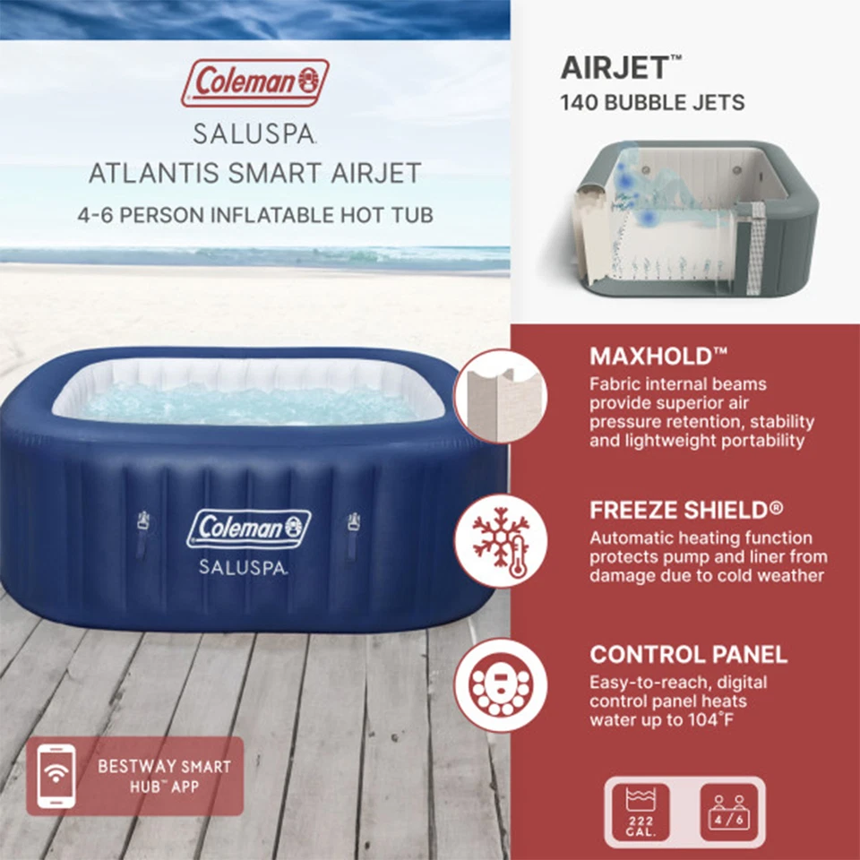 Coleman SaluSpa 4 Person Square Portable Inflatable Hot Tub Spa, Blue (Open Box) - Image 2 of 4