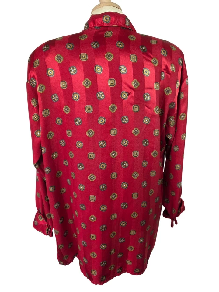 Christian Dior 80s Loungewear Shirt Womens Sz XL Silky Red Satin PJ Top Long Slv - Image 3 of 4