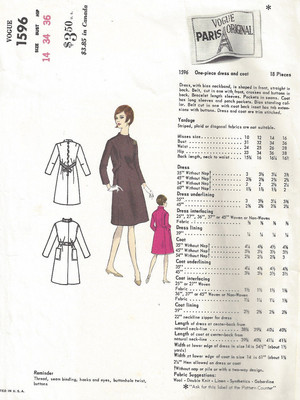 Patron Vogue Couture 1966 Par Jacques Griffe - Manteau Et Robe Motif B34 - Vintage Neuf