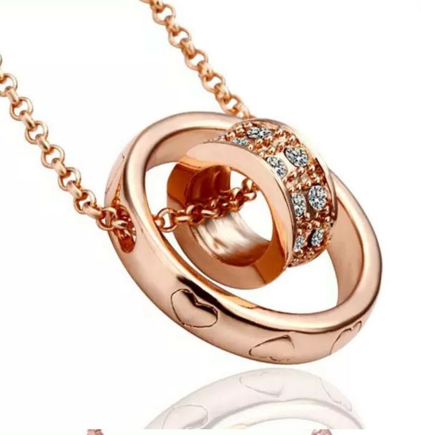 Two Ring Necklace Pendant CZ Gem & Hearts Rose Gold 18" Chain Ladies Jewellery