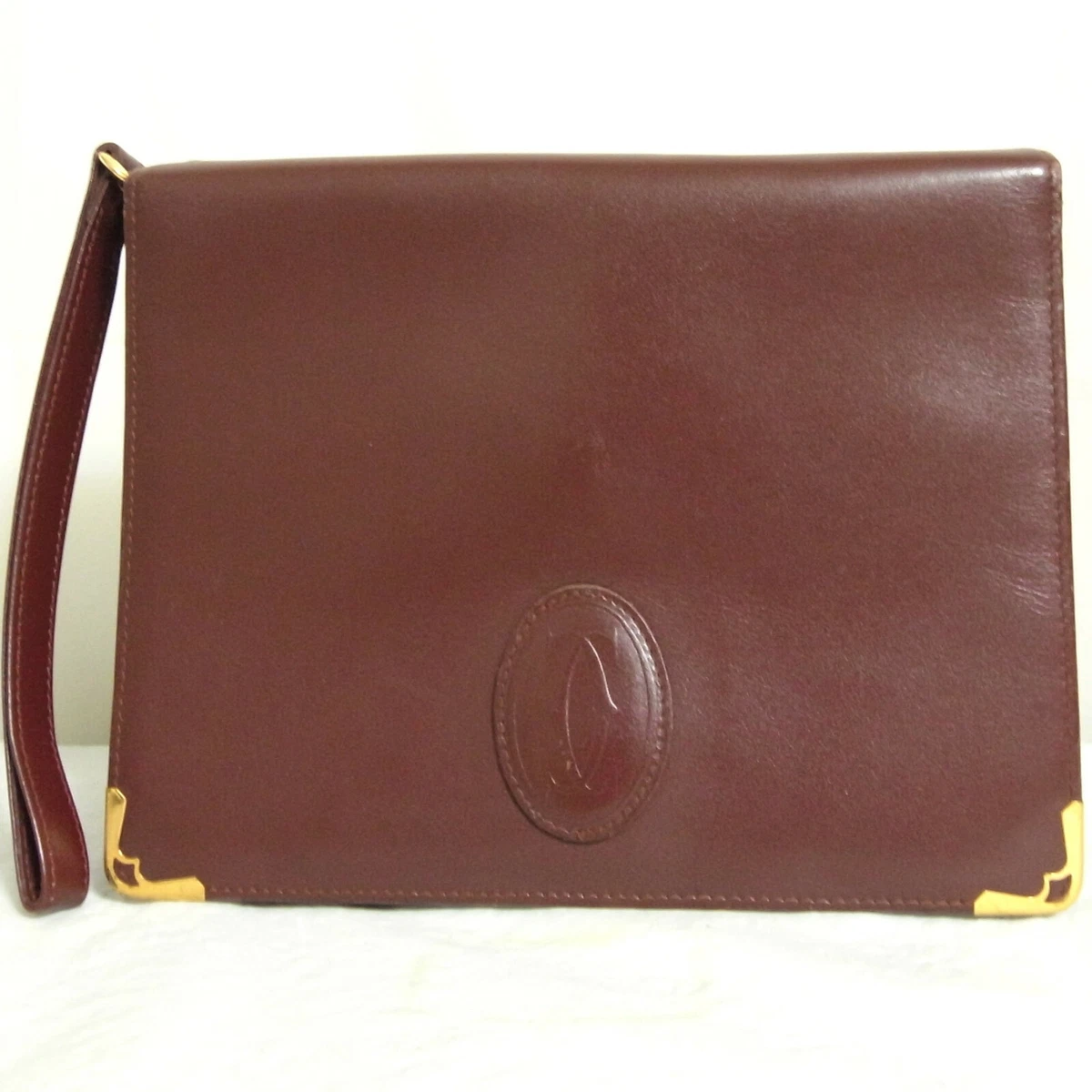 Auth Vintage must de Cartier Hand Clutch bag purse Bordeaux Leather Made Italy