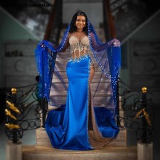 African Royal Blue Prom Dress Luxury Beaded Formal Party Dress Aso Ebi Birthday