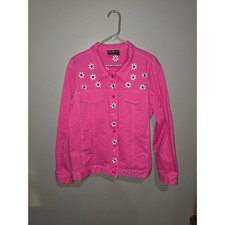 Bob Mackie Wearable Art Pink Daisy Floral Embroidered Denim Jacket Women XL