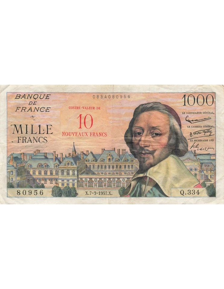 France 10 NF sur 1000 Francs - Richelieu - Surcharge - 07-03-1957 - Série Q.334 - Photo 1/2