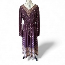 Lucky Brand Boho Peasant Dress Plum Floral Tassel Long Sleeve M Festival Spring