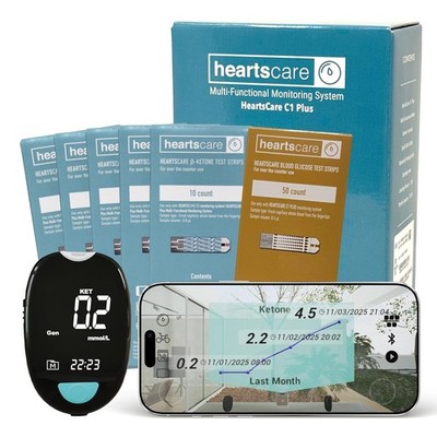 HeartsCare C1 Plus 50x Glucose & 50x Ketone Meter Testing Kit, Smart App
