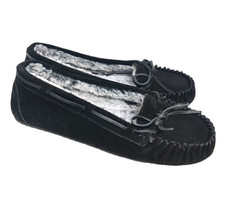 Minnetonka Britt Trapper Slipper Women 7M Black Comfort Bow Faux Fur Lined 40399