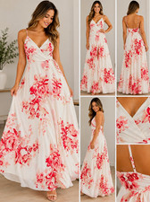 Lulus White Pink Red Floral Maxi Dress V-Neck Chiffon Polyester Size S