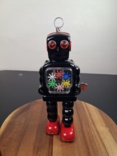 Vintage Wind Up Tin Toy High Wheel Robot Works Missing Hands 