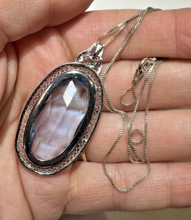 Edwardian 镀铑蓝色多面黄玉水晶金银 18 英寸项链 — 第 4/4 张图片