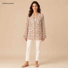 Tory Burch Silk Metallic Floral Geometric Tunic Top Orange Gold 47188 Womens XS