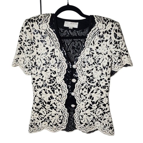 St John Evening by Marie Gray Black/White Floral Sweater, Size 4, EUC