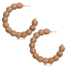 Rattan Earrings for Women Handmade Rattan Ball Hoop Earrings Straw Wicker Boho E